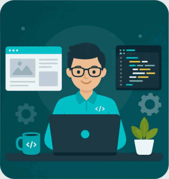 Illustration of an IT professional working at a desk with a laptop